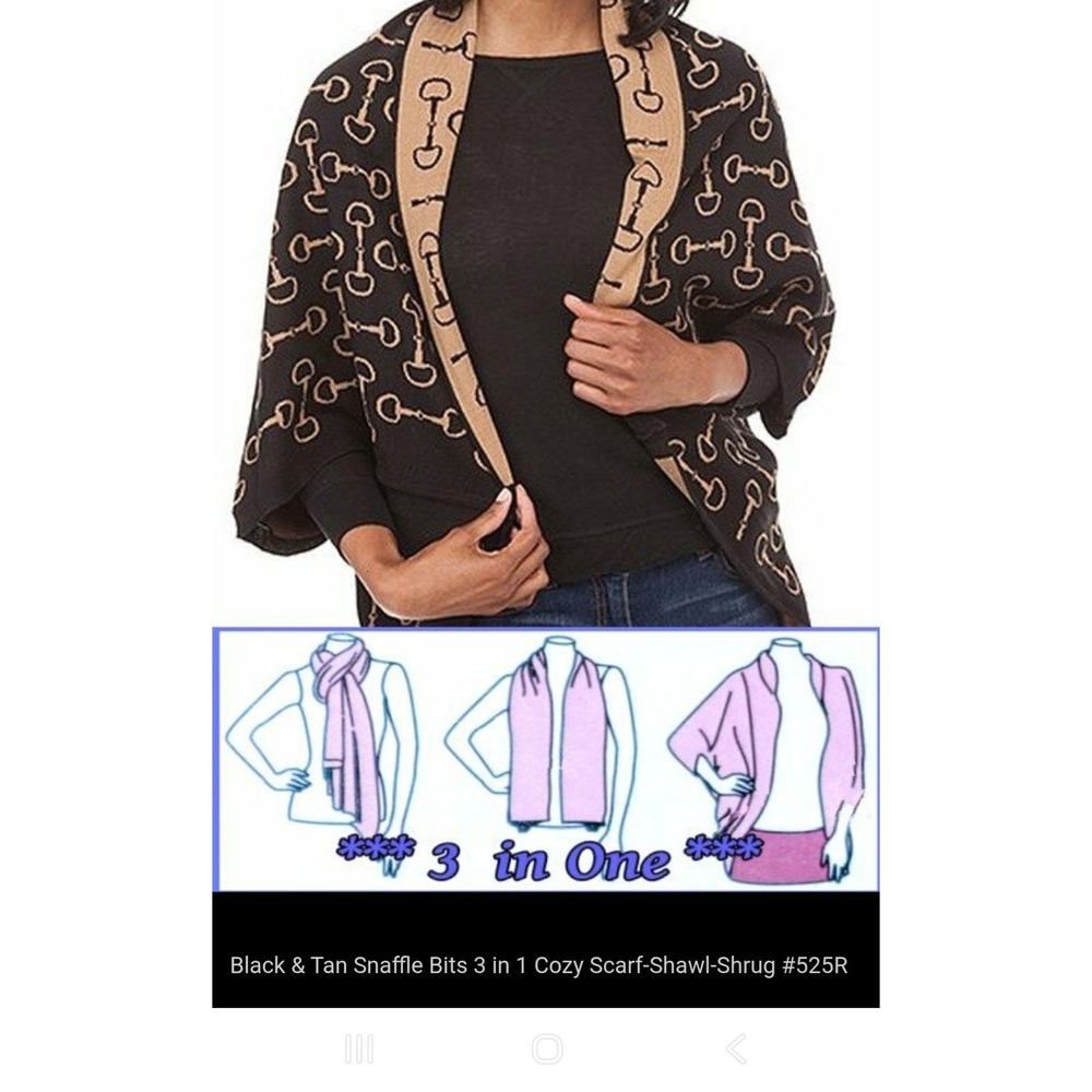 Black Tan Snaffle Bits 3 in 1 Cozy Scarf Shawl Shrug Equestrian Knit #525R